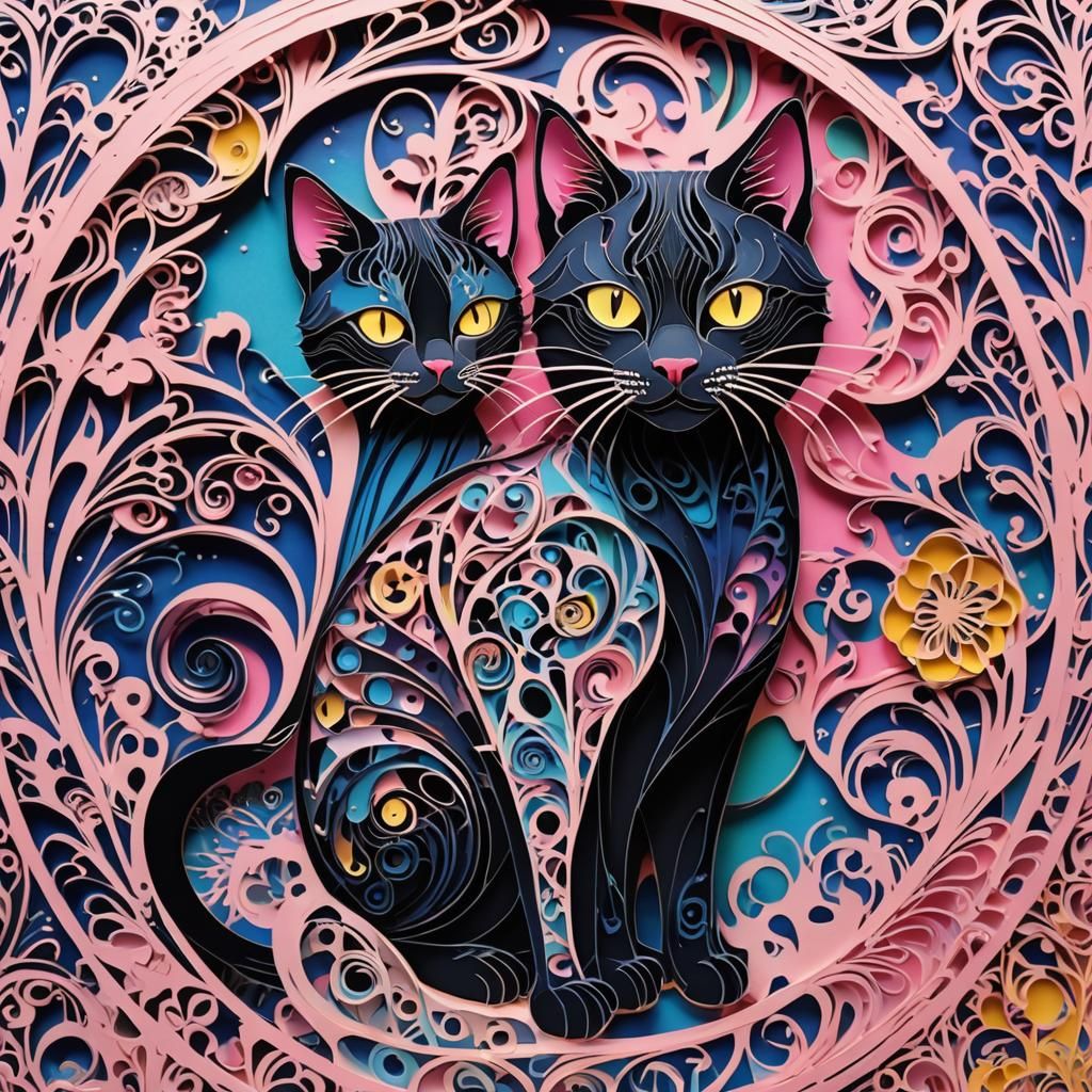 Intricate Kirigami Black Cat with Iridescent Details