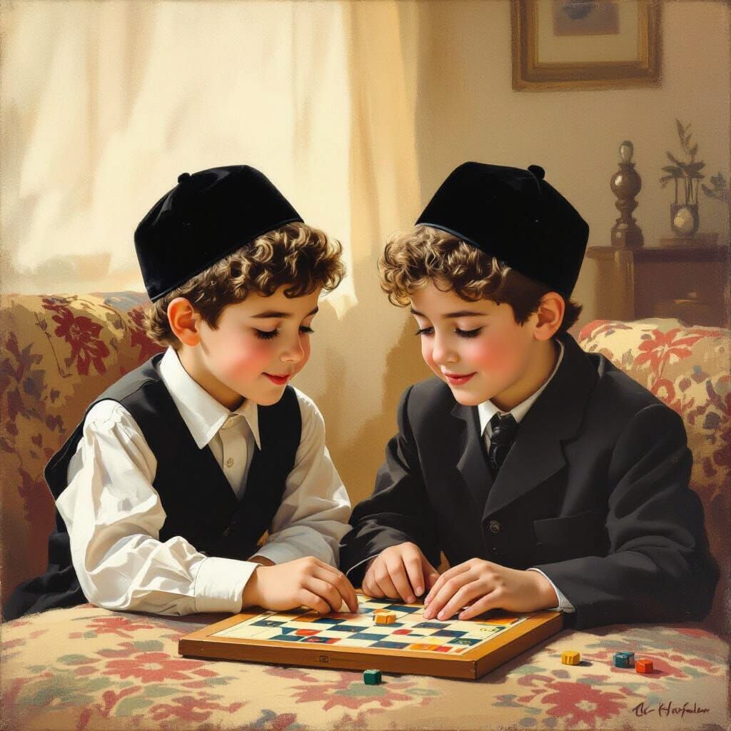 Boys Playing Board Game in Rockwell-Inspired Style
