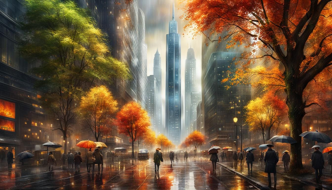 Autumn Cityscape Watercolour Painting in Fantasy Style