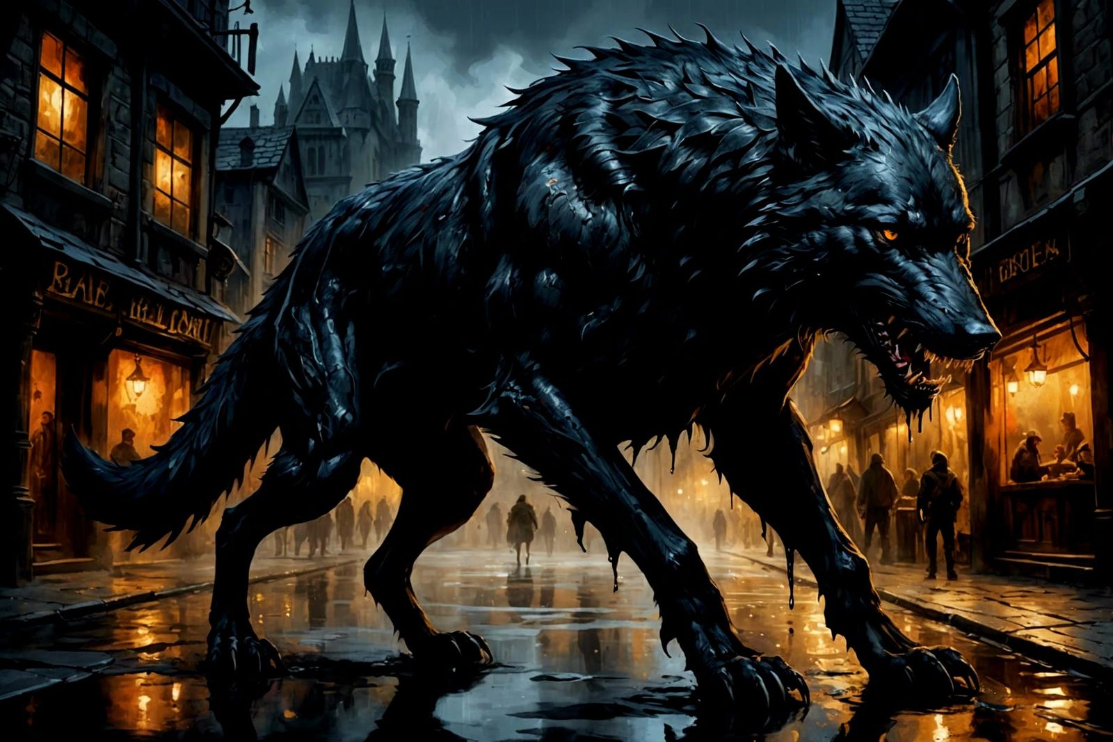 Menacing Wolf Hybrid Stalks Medieval City: Detailed Matte Pa...