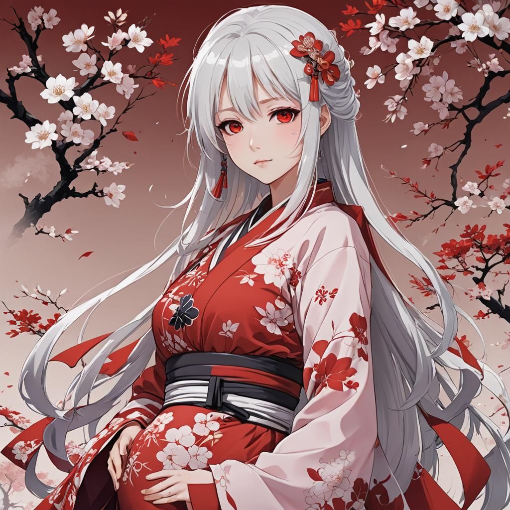 Anime Girl in Red Japanese Clothes
