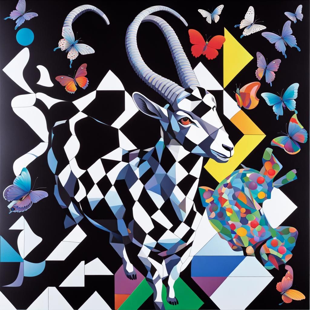 Surreal Jigsaw Puzzle with Goat and Geometric Elements