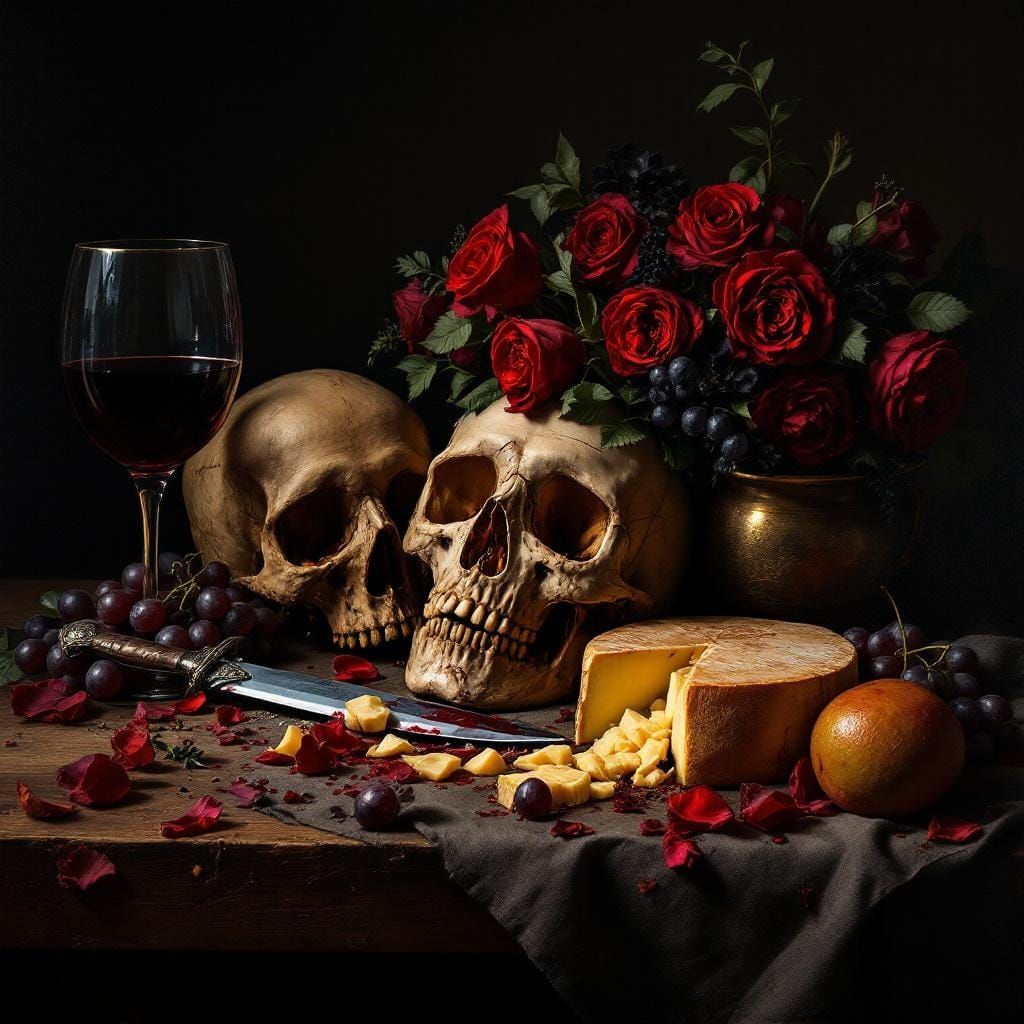 Baroque Still Life with Skull, Roses and Wine