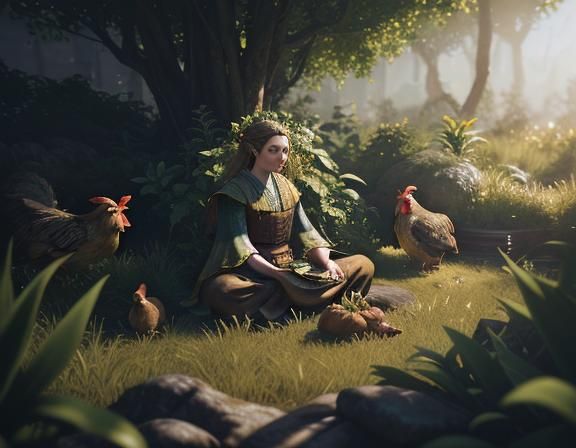 Hobbit in Garden: 3D Game Cinematic Still