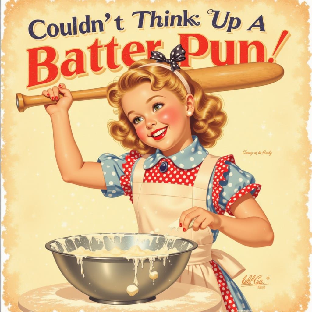 1950s Girl Enthusiastically Stirs Batter in Vintage Poster S...