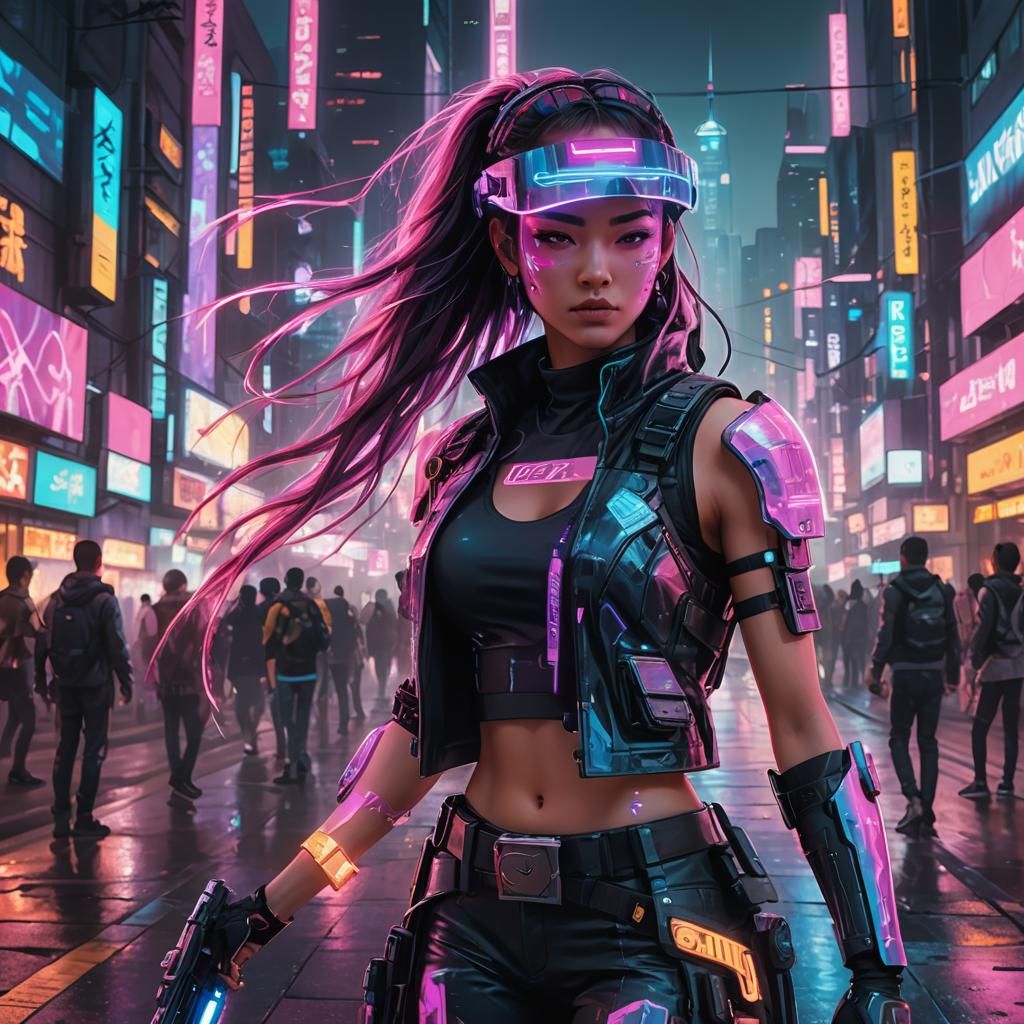 Cyberpunk Girl in Neon City Square