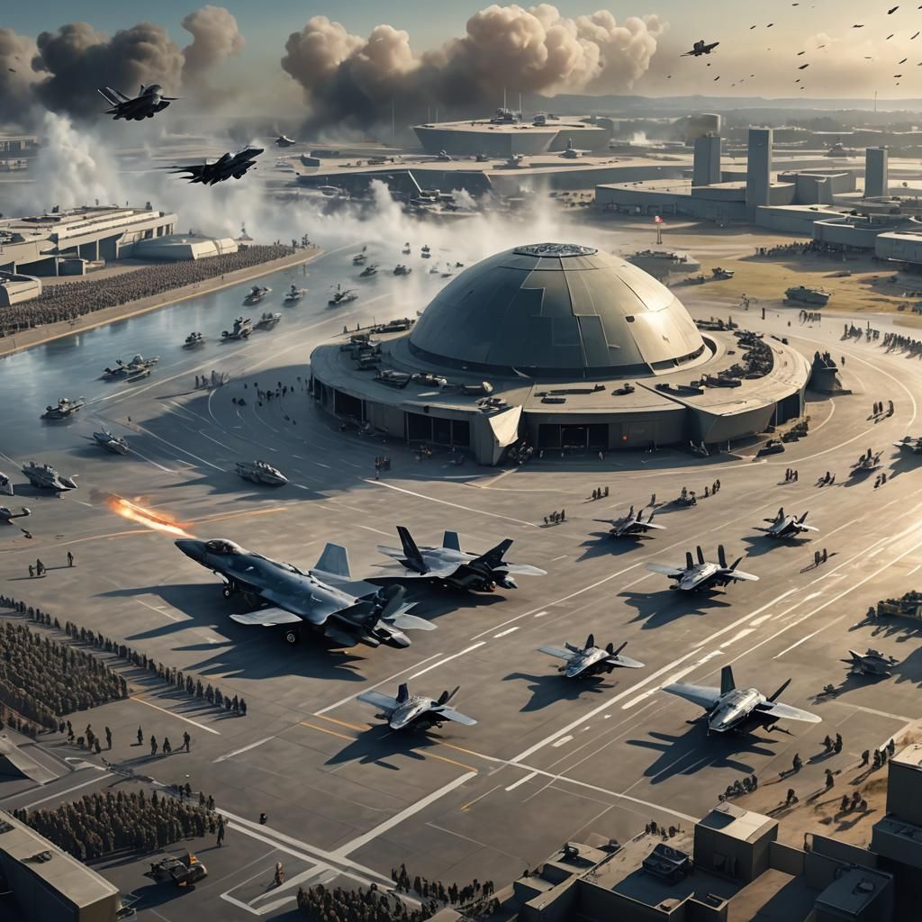Dome-Shaped Military Base with F-35s in Realistic Anime Styl...