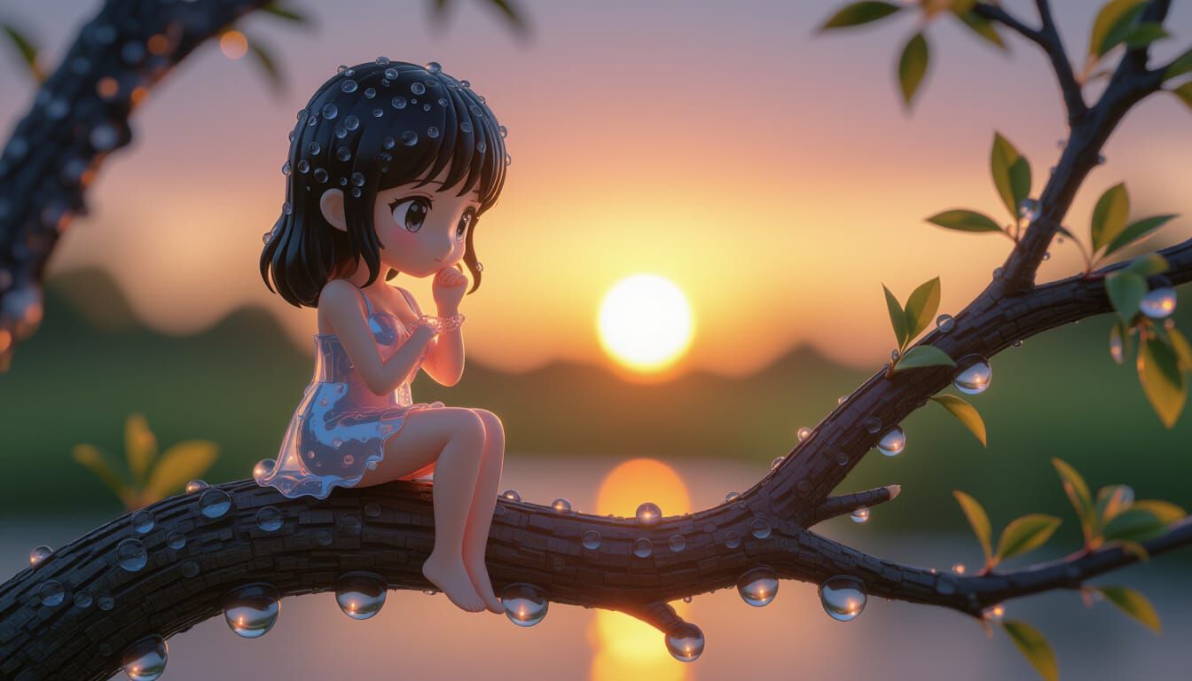 Water Woman on Branch Contemplates Sunset: Hyperrealistic Ma...