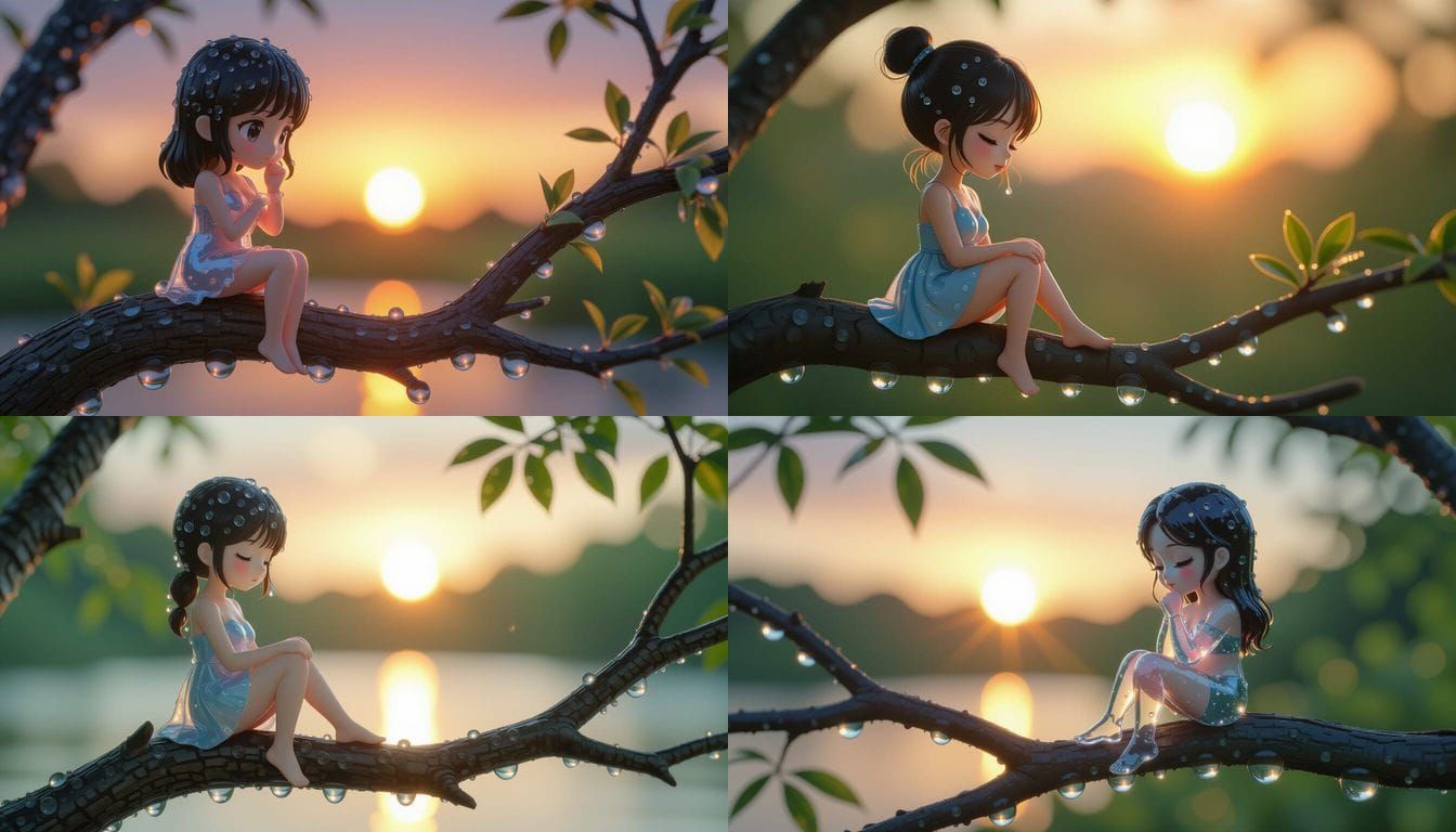 Water Drop Chibi on Branch: Hyper-Realistic Macro Photo