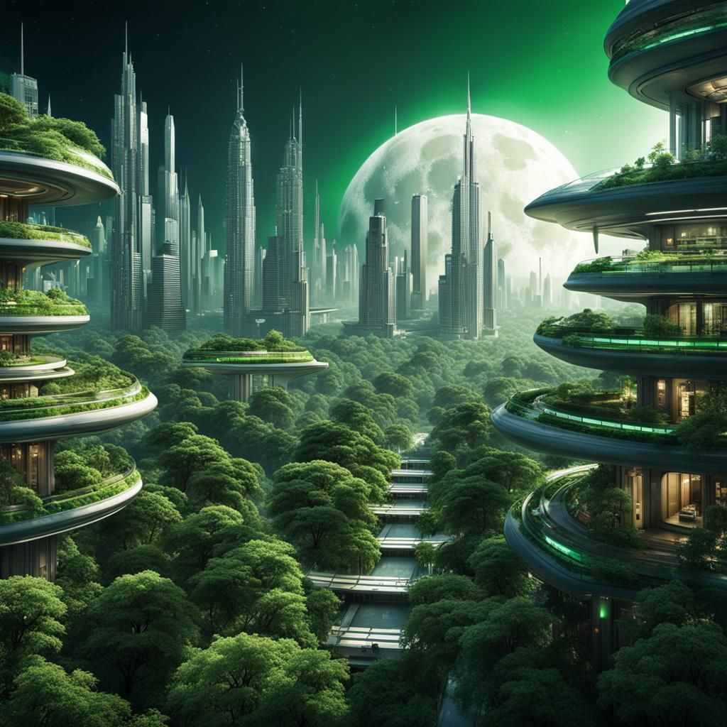 Hyperrealistic Moon City with Lush Greenery
