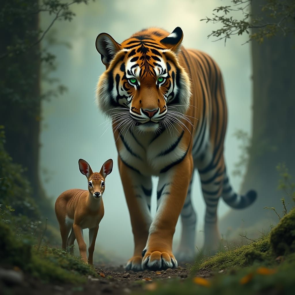 Tiger in Misty Dawn Forest, Golden Fur Glistening