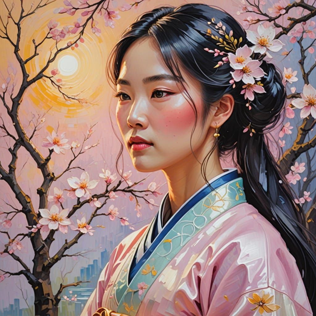Korean Woman in Hanbok: Neo-Impressionist Oil Painting