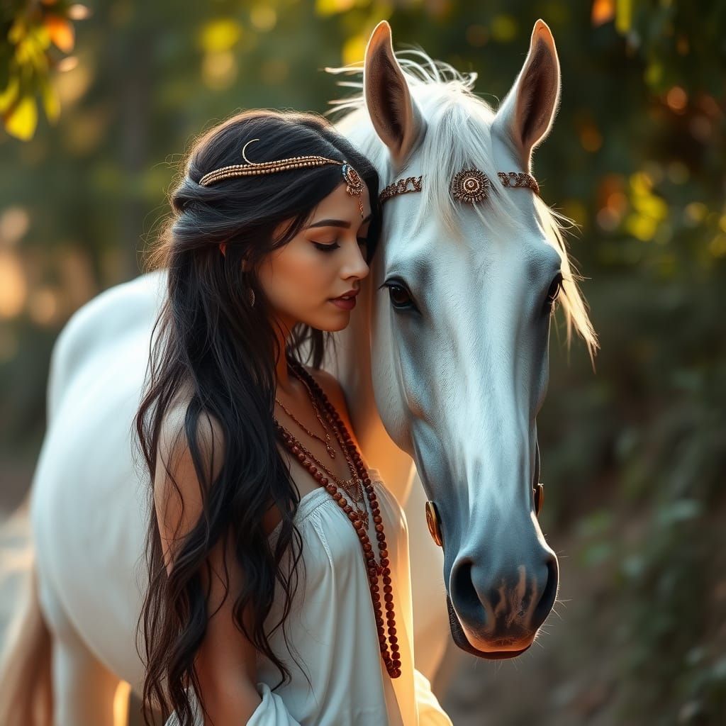 Serene Woman and White Horse in Lush, Golden Landscape
