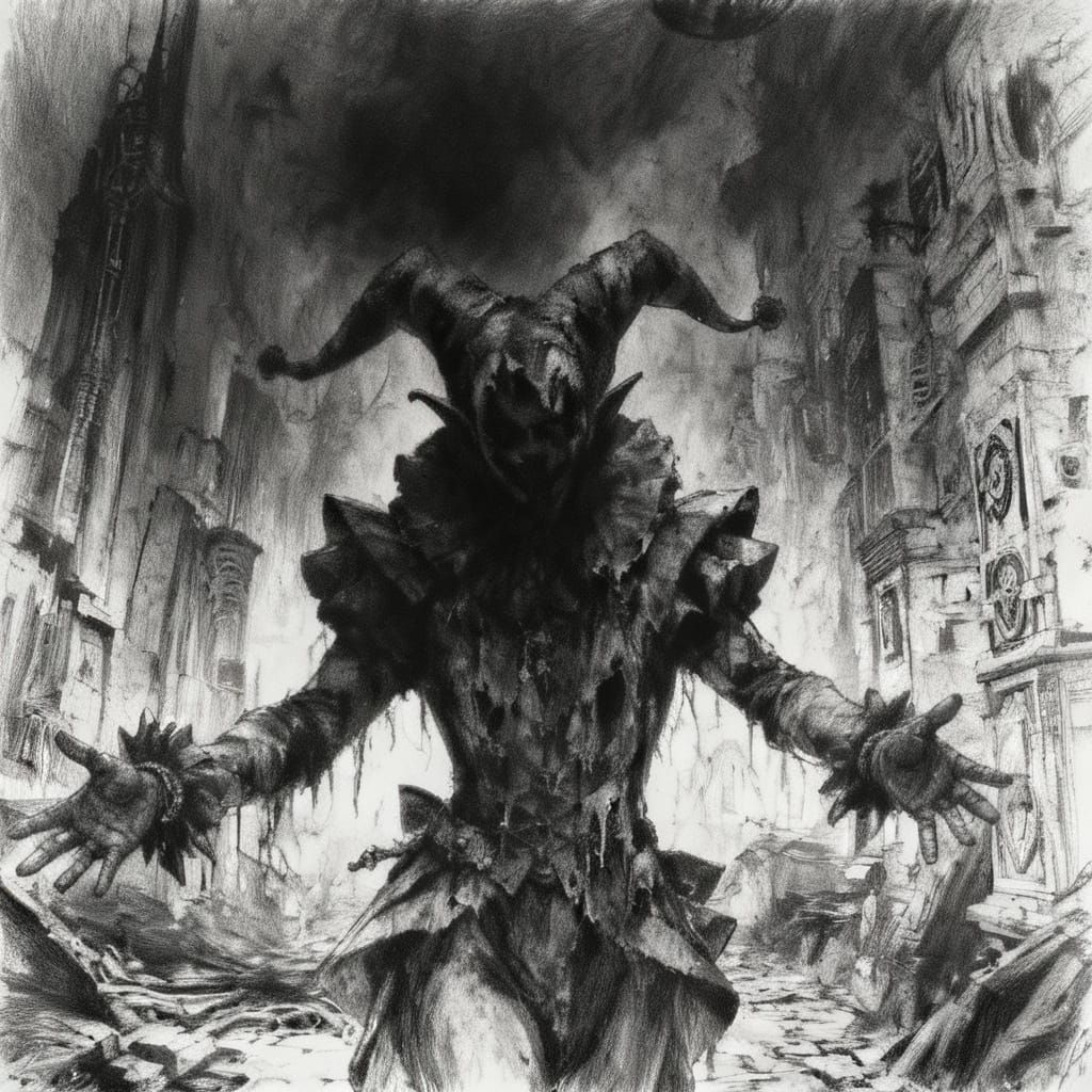 Tattered Clown in Post-Apocalyptic City Ruins