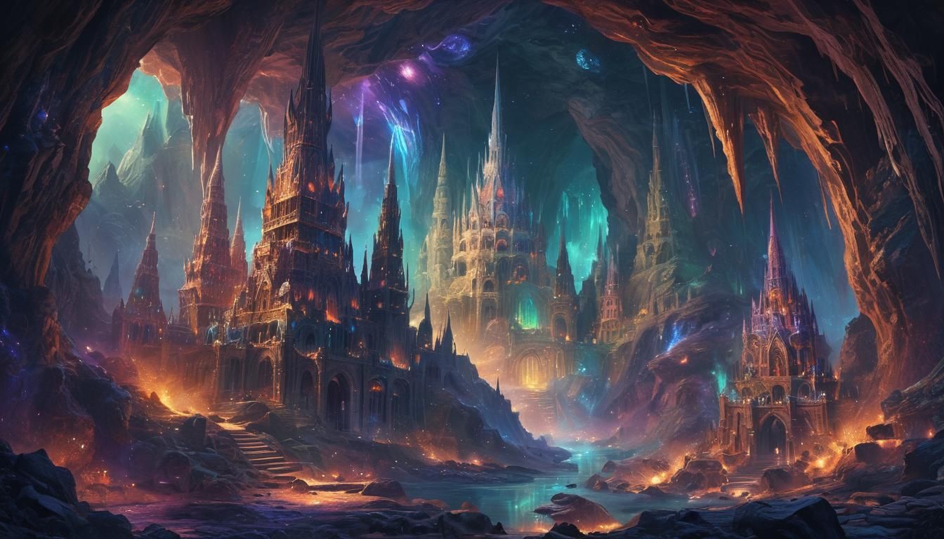 Astral Cosmic City in Cave, Holographic Illustration