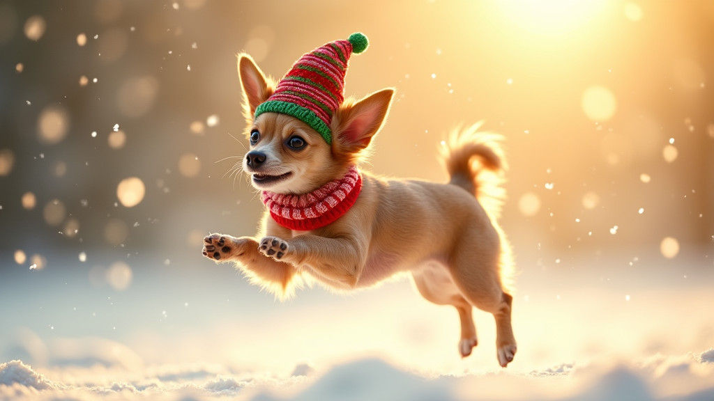 Festive Chiweenie Leaps in Winter Wonderland