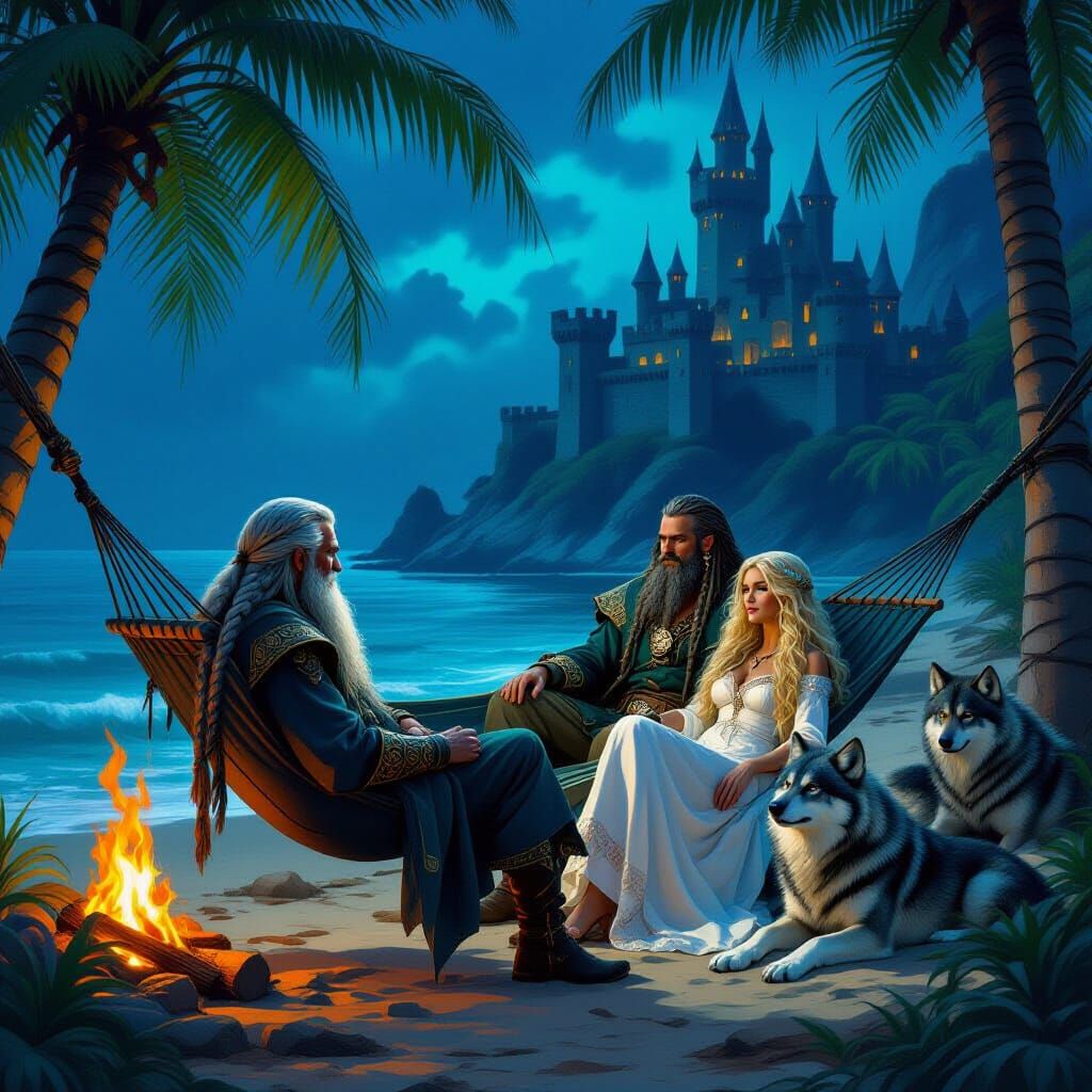 Viking Rests in Hammock Near Dark Castle, Fantasy Scene