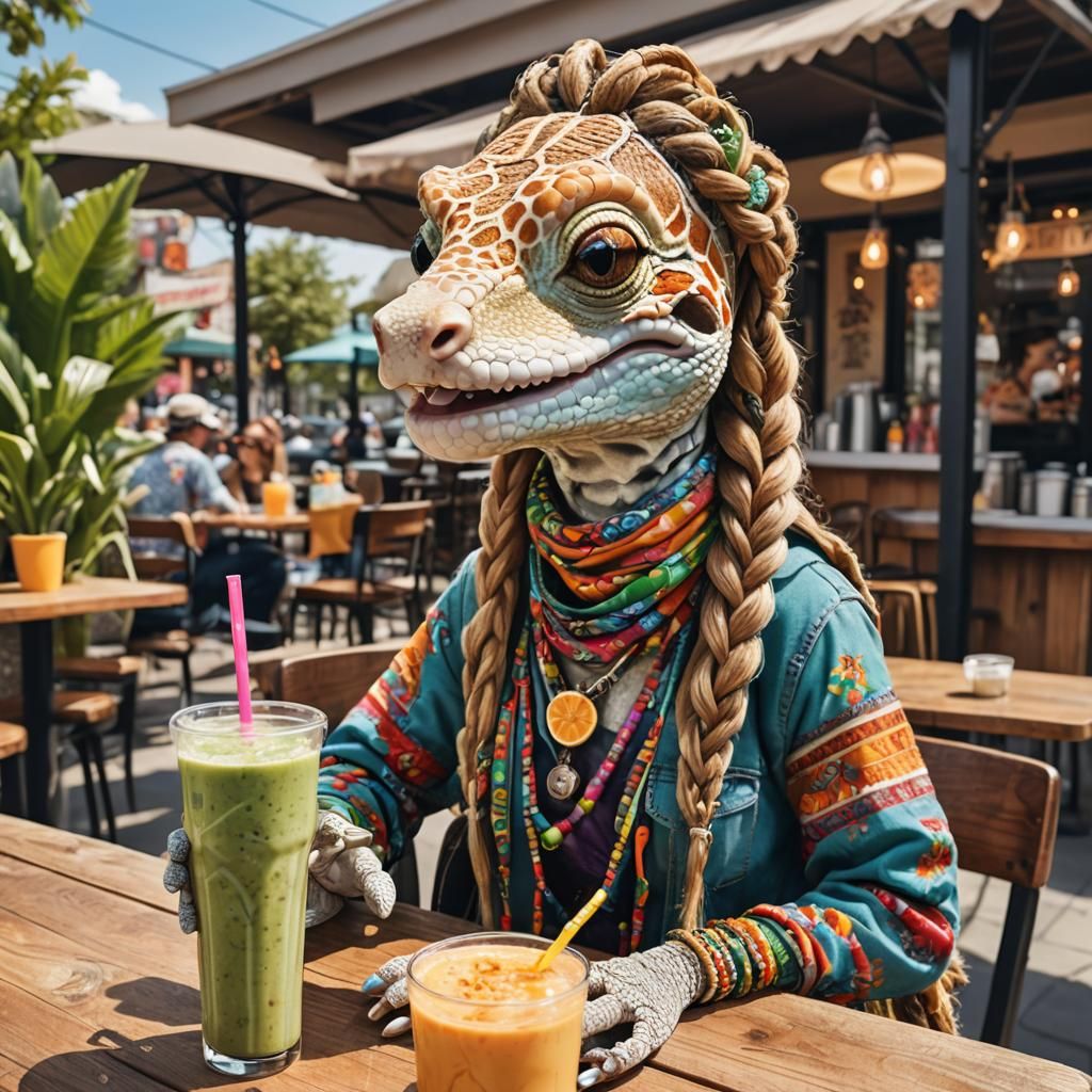 Anthropomorphic Gecko Enjoying a Smoothie at Cafe