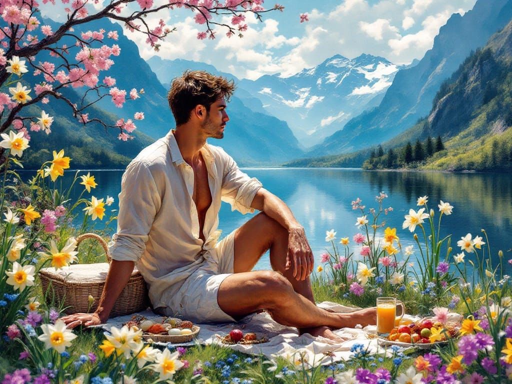 Elegant Slavic Man in Springtime Landscape