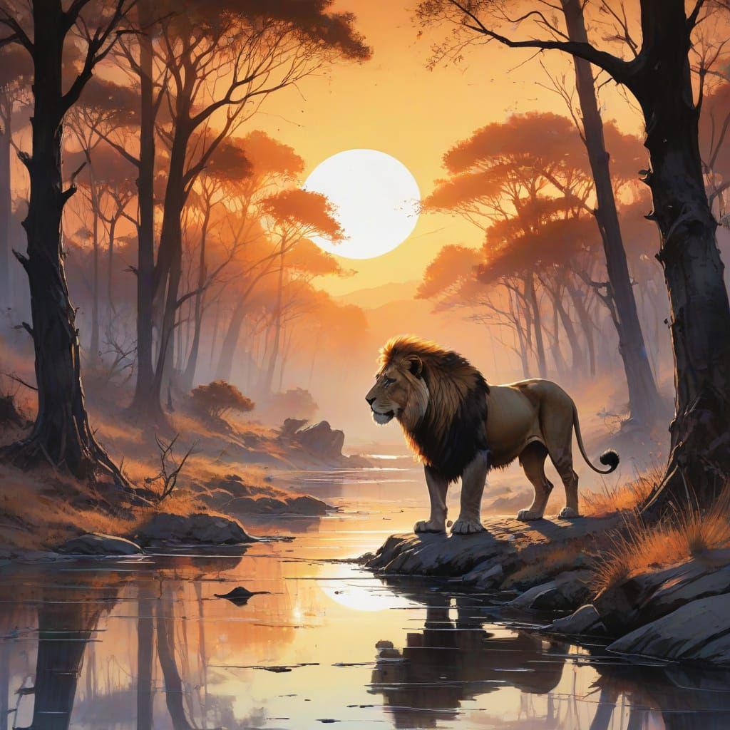 Surreal Lion Silhouette Crossing a Savannah Landscape Under ...