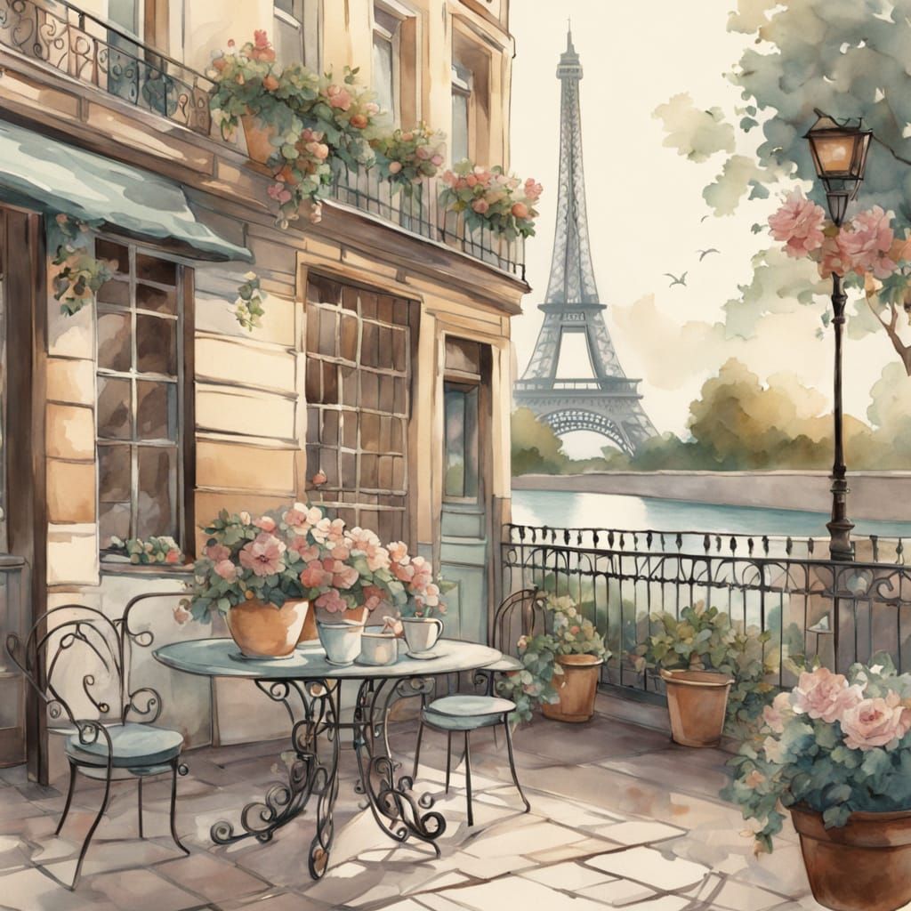 Parisian Lady at Café near Eiffel Tower in Watercolor