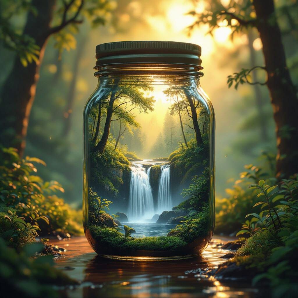 Forest Waterfall in Glass Jar: Photorealistic Scene