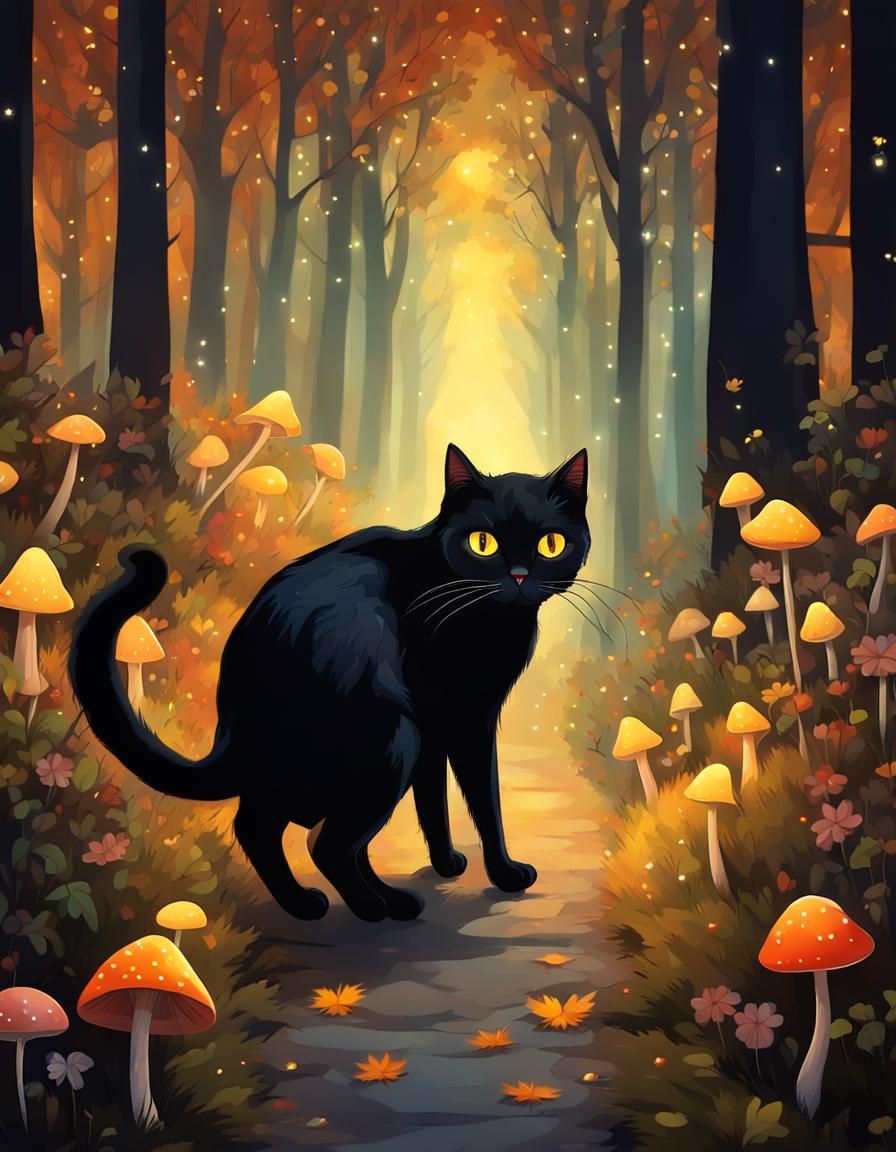 Black Cat on Forest Trail at Night