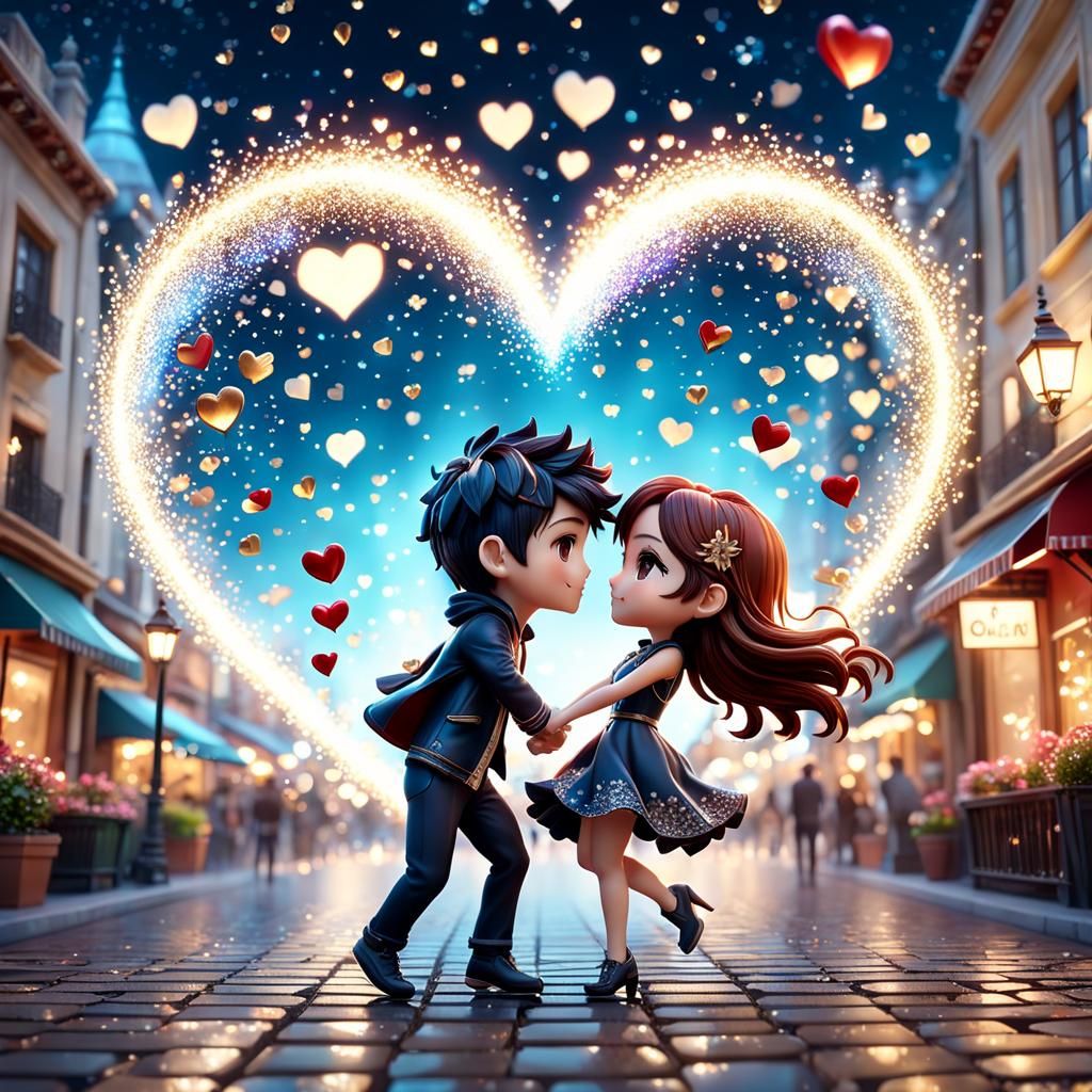 Chibi Couple Falling in Love: Hyperrealistic 3D Render