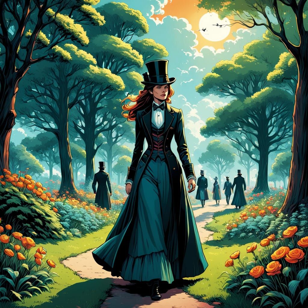 Elegant Women and Gentlemen Stroll Through a Lush Victorian ...