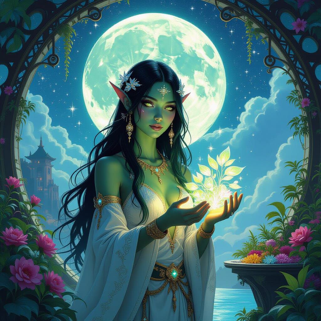 Celestial Merchant in Alien Market, Art Nouveau Style