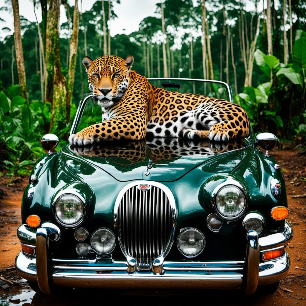 Jaguar Lounging on a Car in Amazon Rainforest
