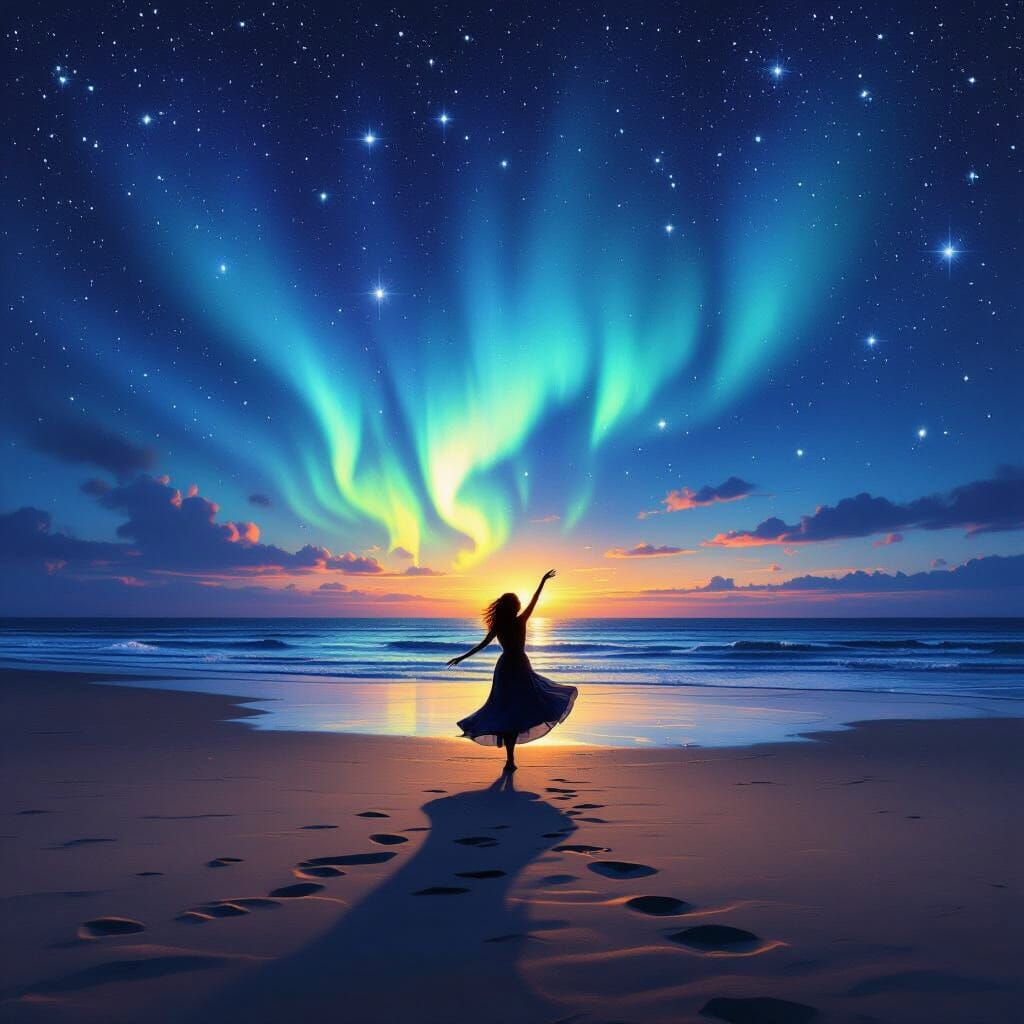 Woman Dances Under Aurora Borealis on Beach