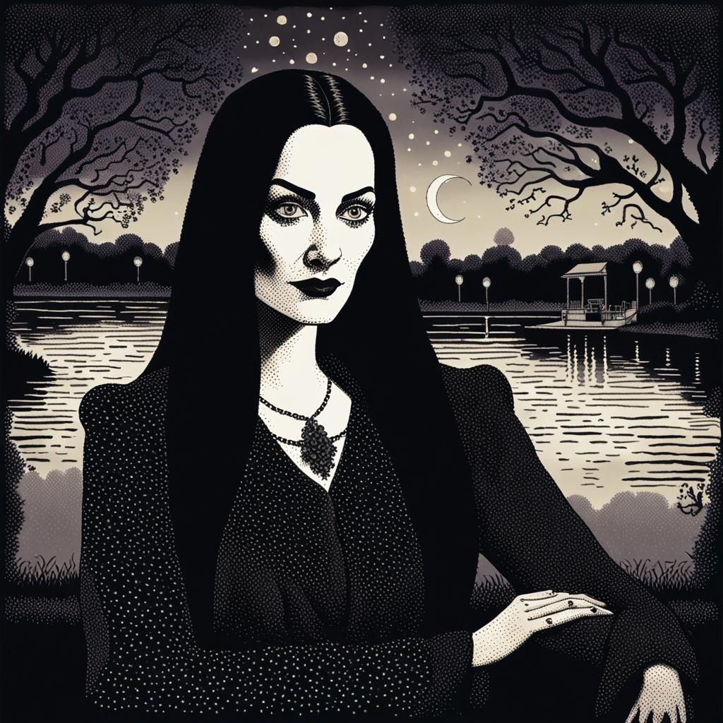 Pointillist Portrait: Morticia Addams' Moonlit Picnic