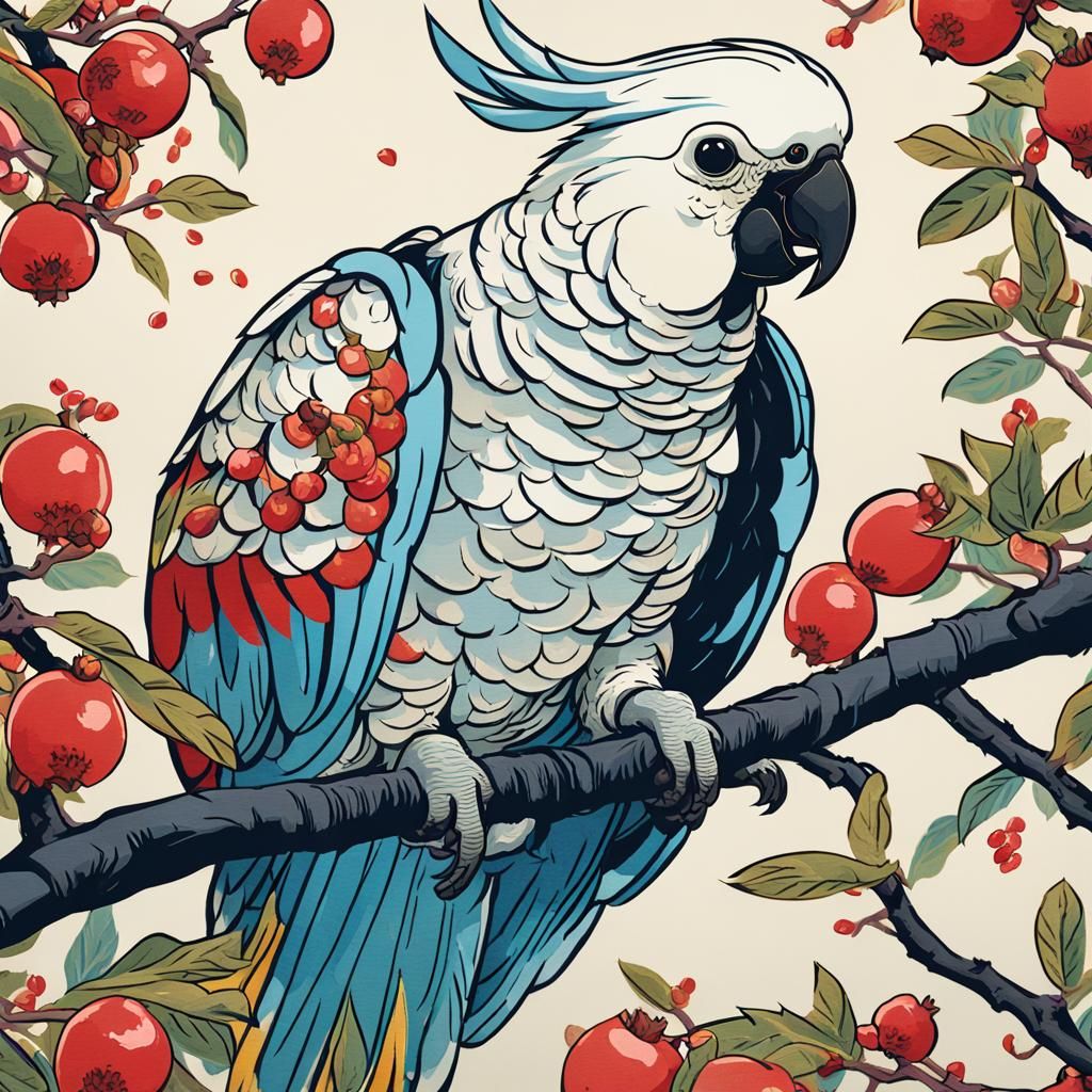 Ukiyo-e Cockatoo Delight: Japanese Woodblock Print