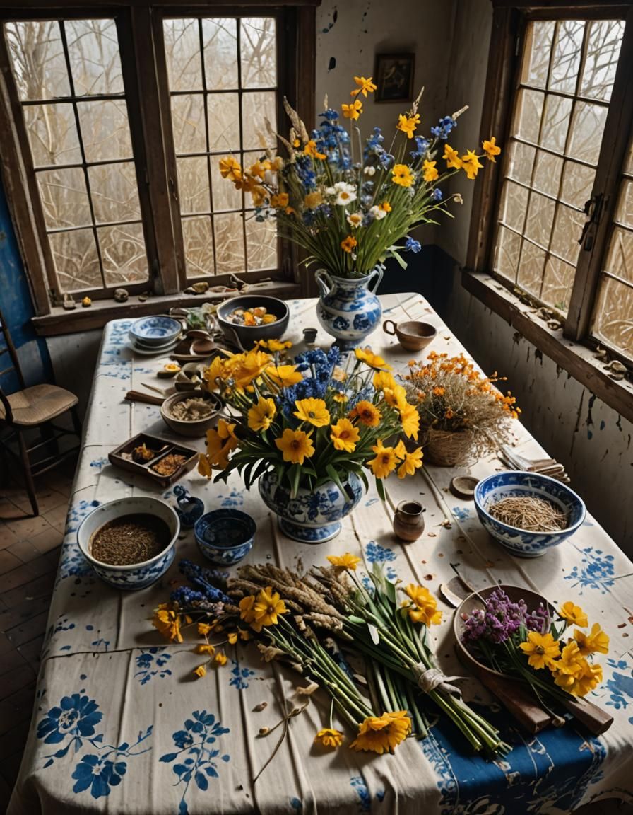 Floral Still Life with God Rays in Hyperreal Style