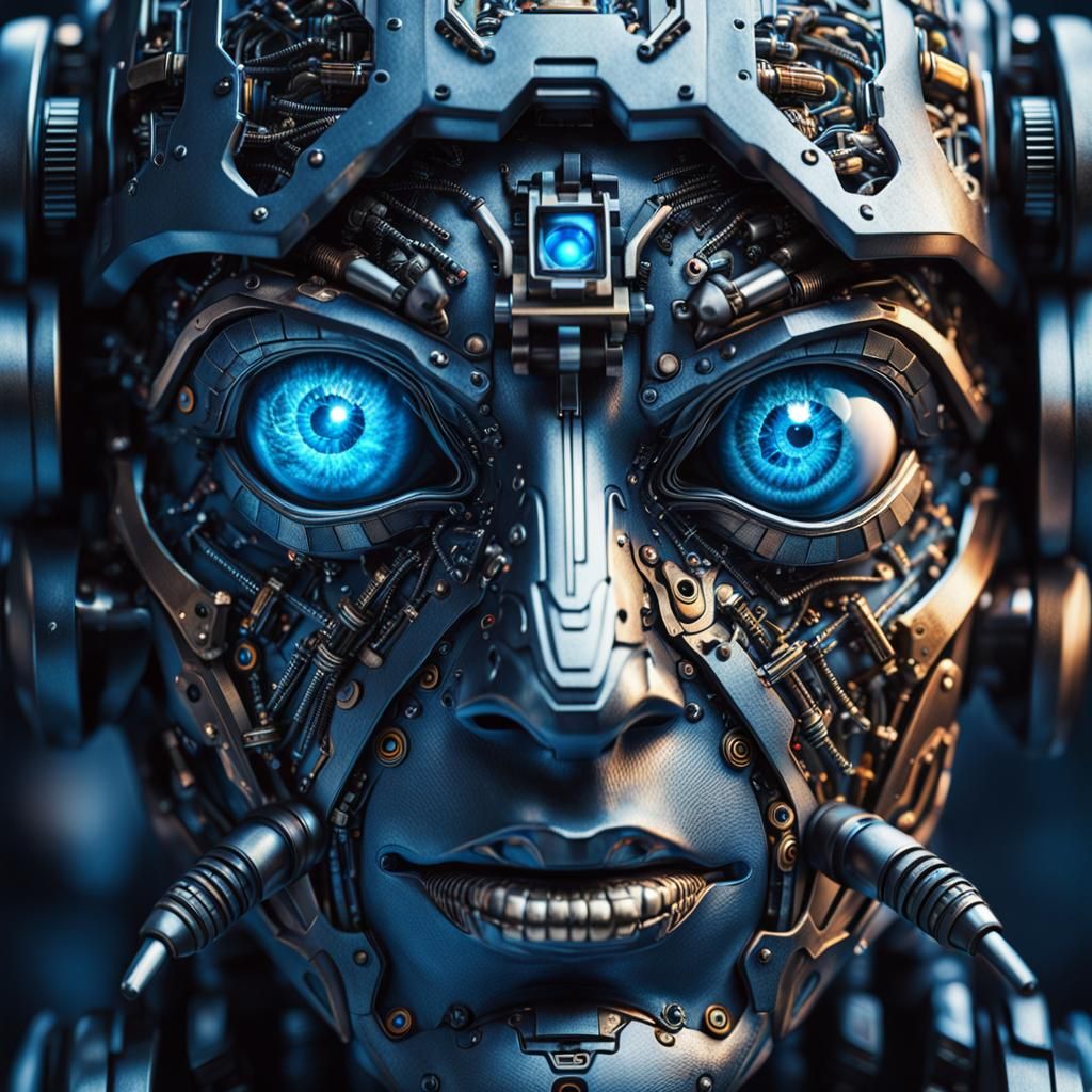 Hyperrealistic Robot with Piercing Blue Eyes
