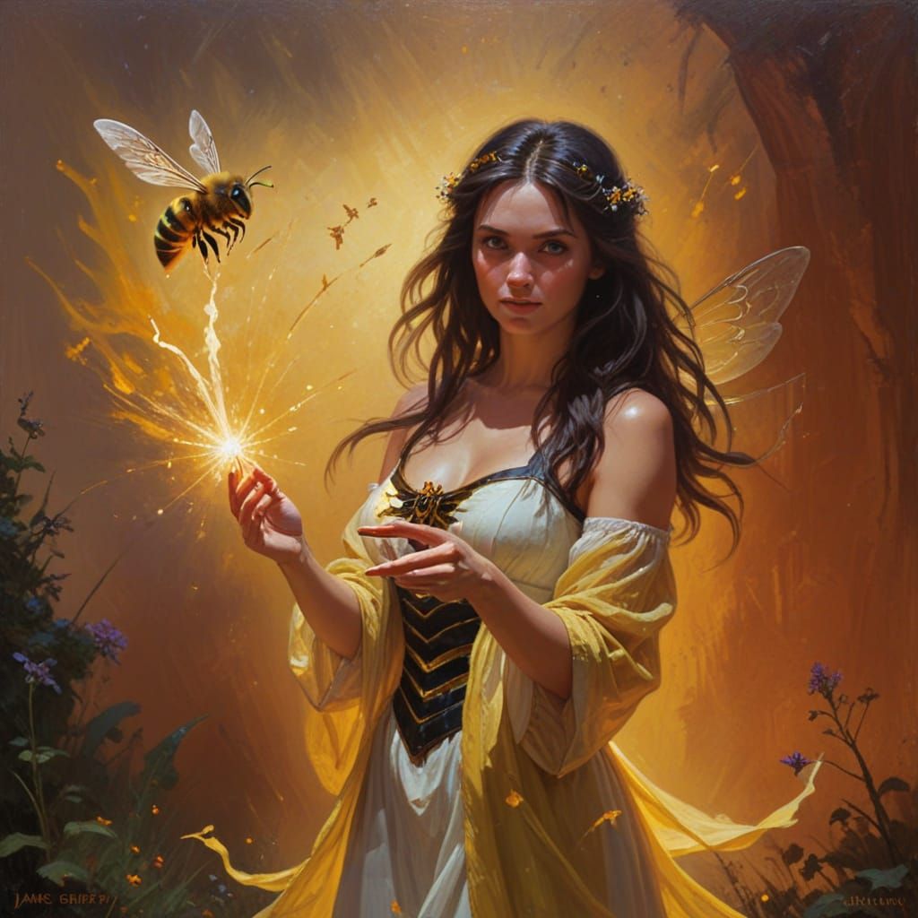Bee Sorceress Casting Spell, Oil Painting