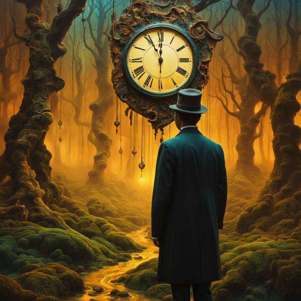Time Traveler in Surreal Clockwork Forest