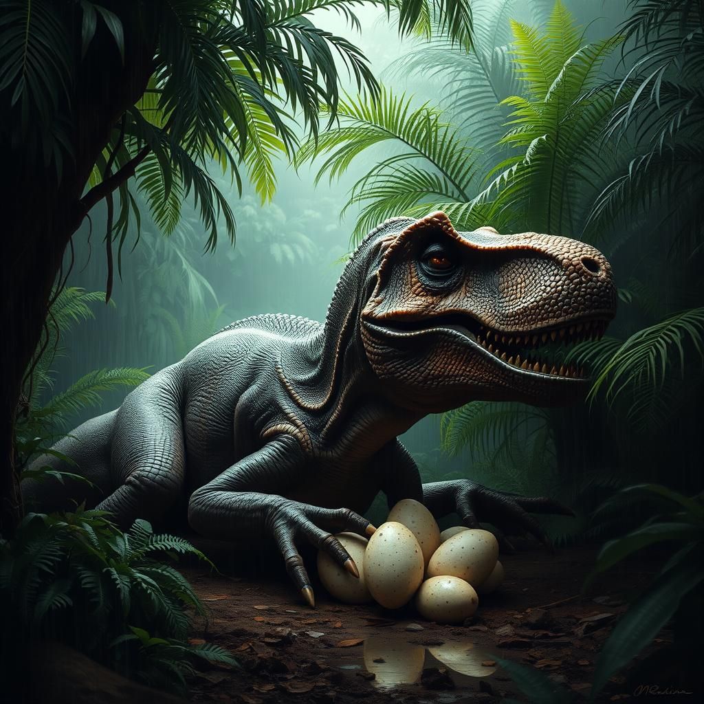 Resting T-Rex in Ethereal Jungle Landscape
