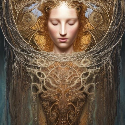 Ethereal Goddess Emerging from Waterfall in Art Nouveau Styl...