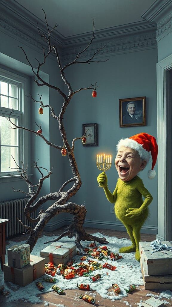 Surreal Christmas Scene with Twisted Tree and Grinch