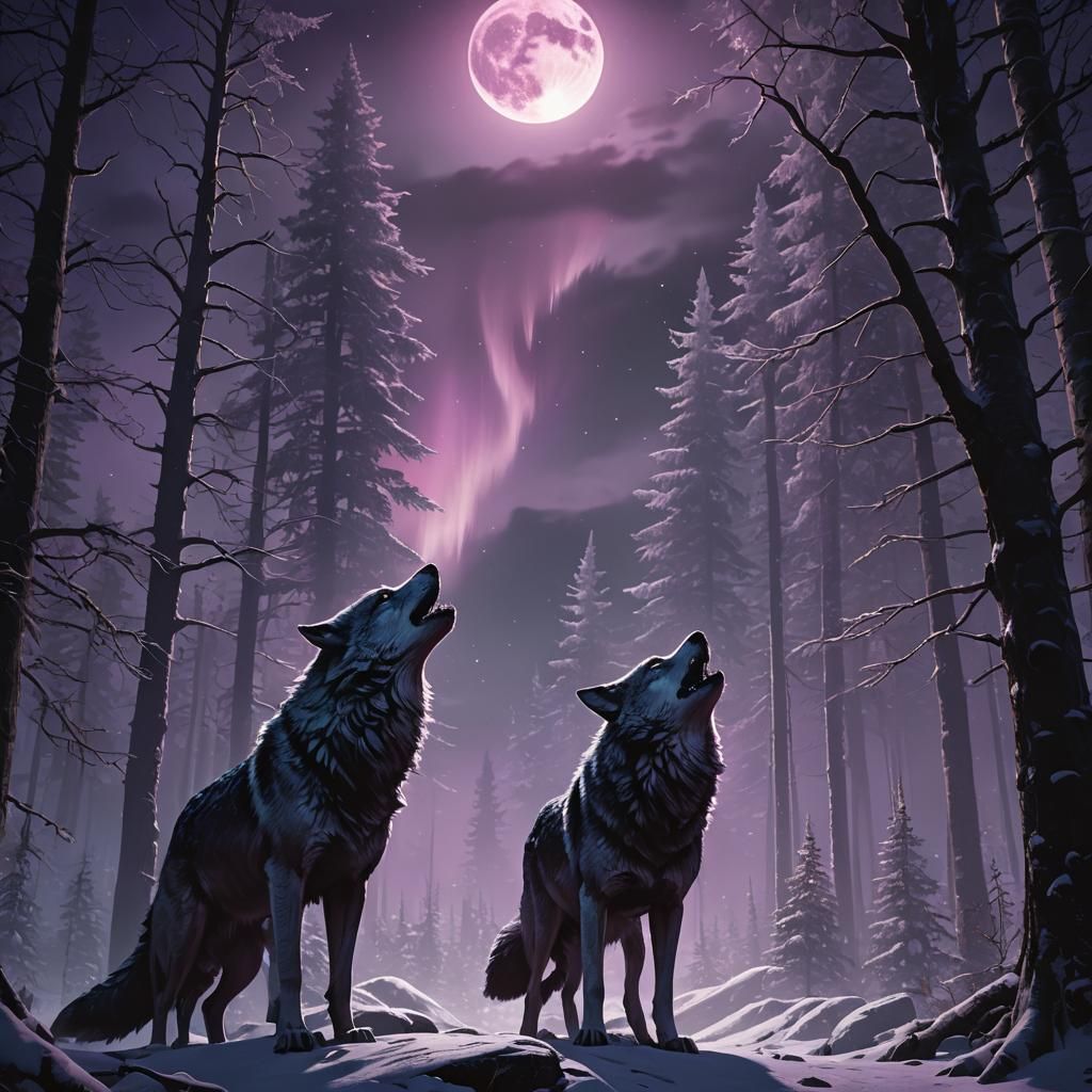 Wolf Howling at Northern Lights in Dark Forest