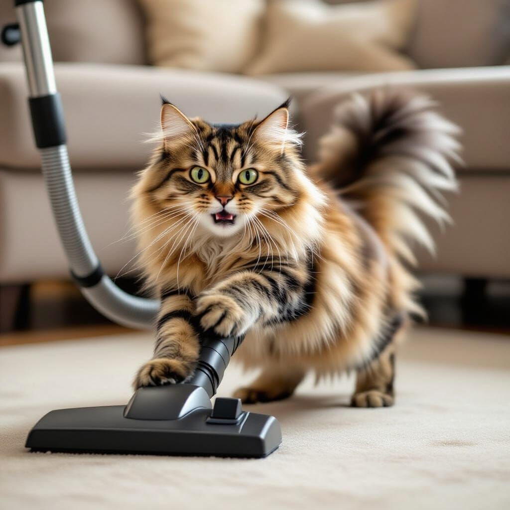 Fluffy Cat Fiercely Attacks a Vacuum Cleaner