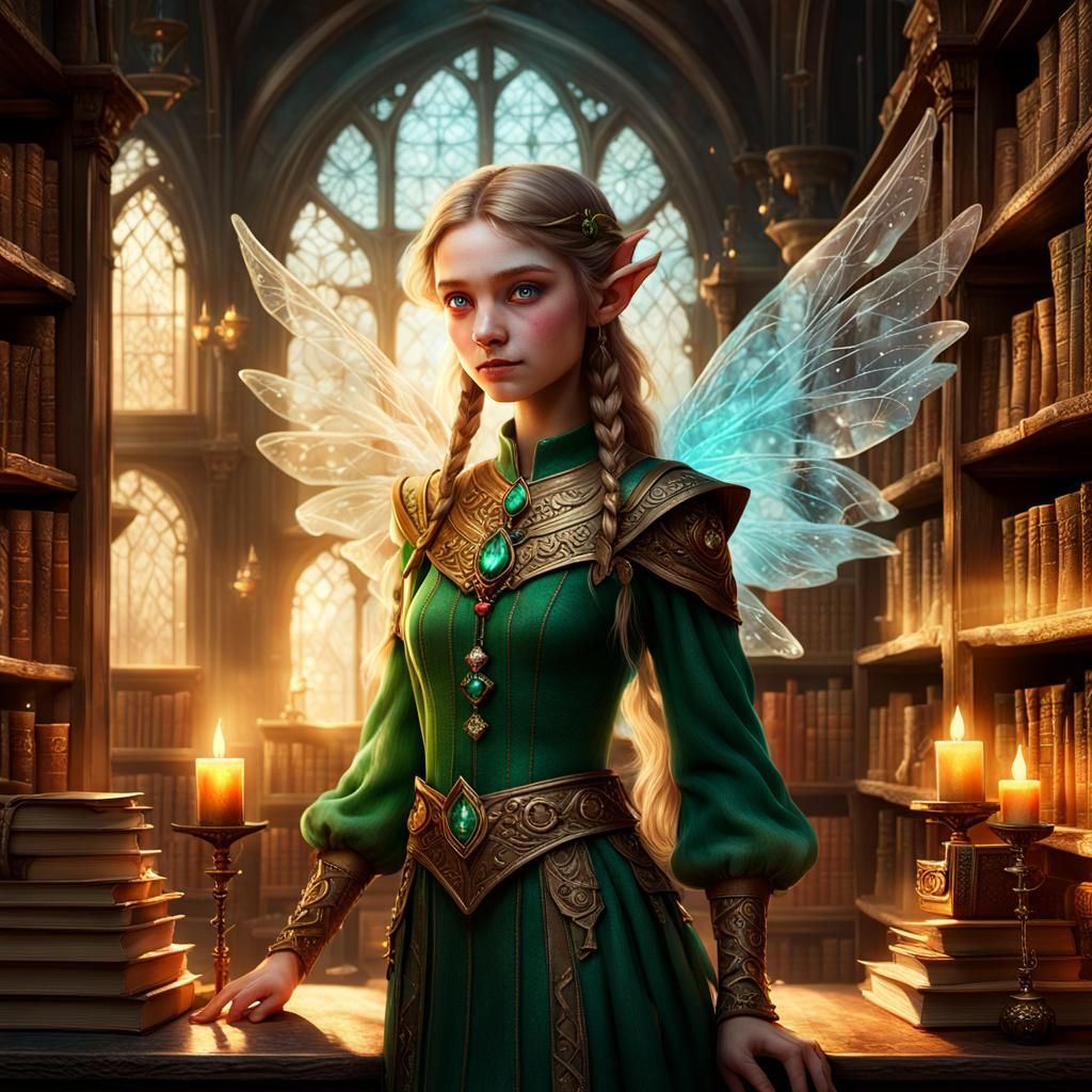 Enchanting Elf in Magical Library, Fantasy Concept Art