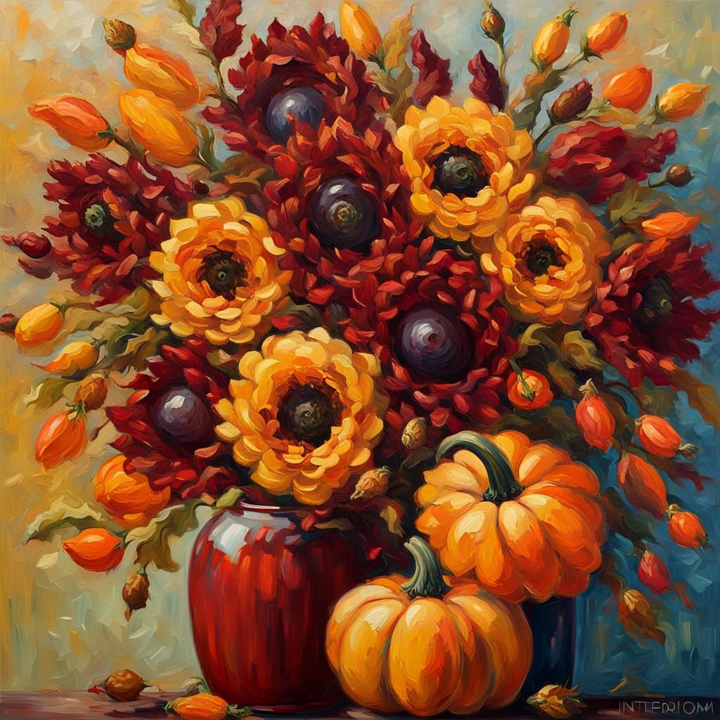 Impasto Autumn Floral Arrangement with Pumpkins