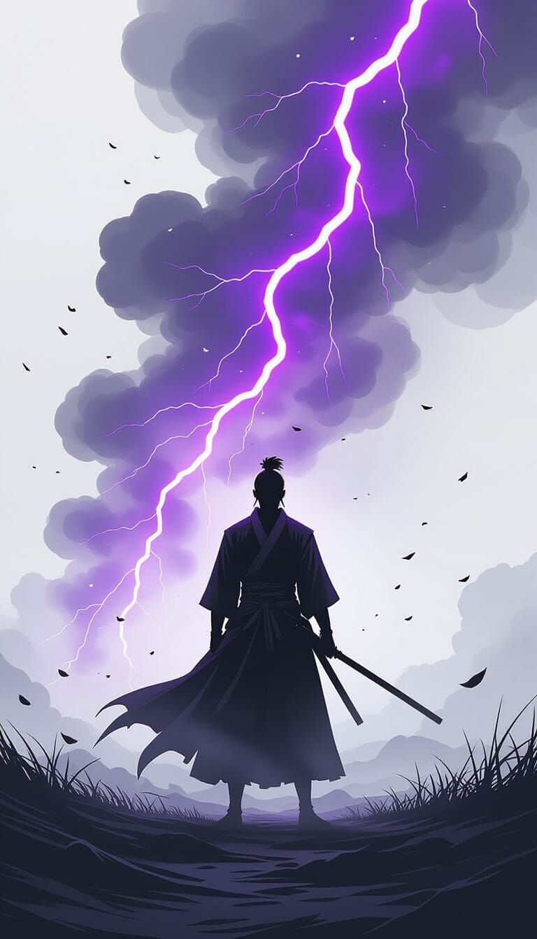 Monochrome Anime Samurai in Electric Storm