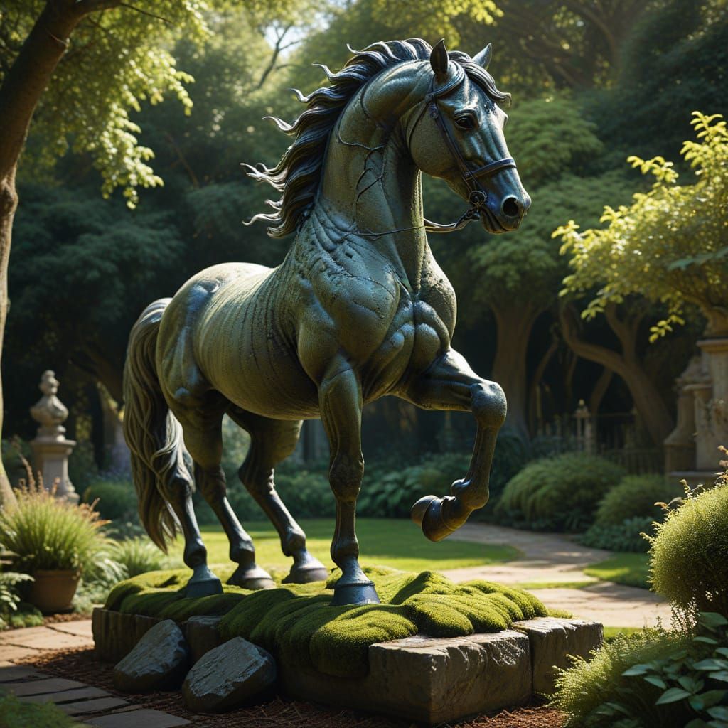Majestic Stone Horse Sculpture in Overgrown Victorian Garden
