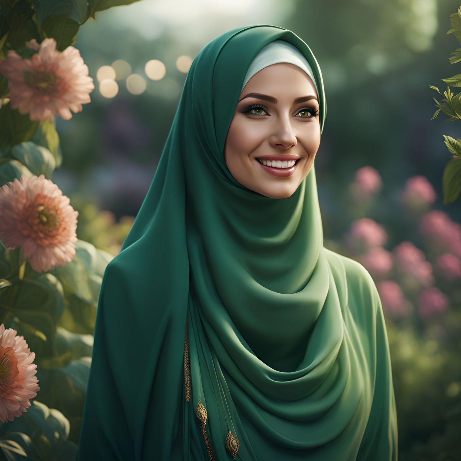 Smiling Woman in Hijab: Detailed Matte Painting