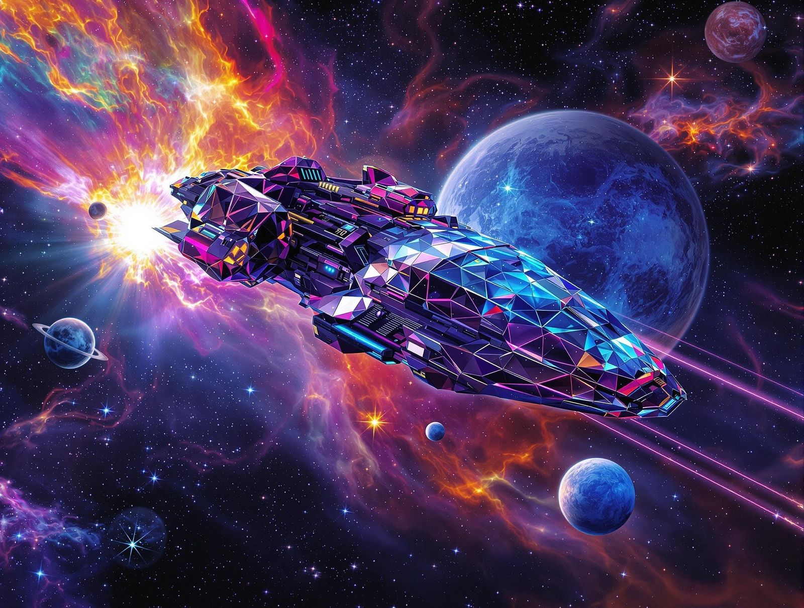 Crystalline Spacecraft Soars Through Vibrant Nebulae