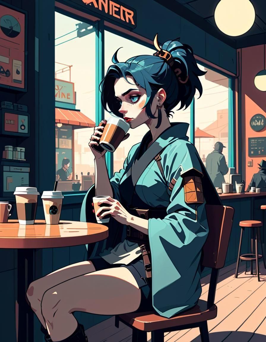 Cyberpunk Samurai at Cafe in Anime Style